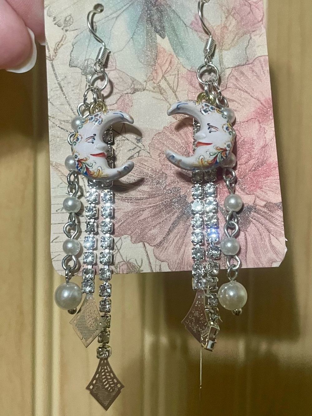 Silver Moon Face Dangle Earrings with Pearls and Rhinestones